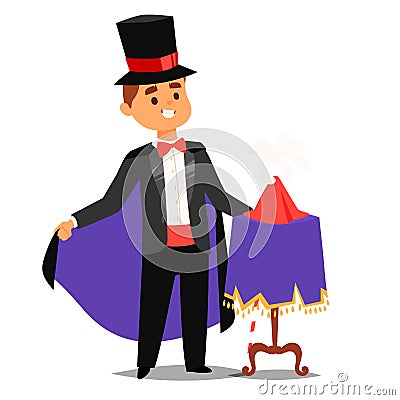 Magician prestidigitator illusionist vector character tricks juggler vector illustration magic conjurer show cartoon man Vector Illustration