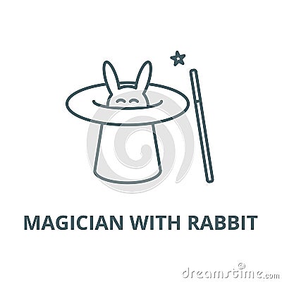 Magician with rabbit,magic hat, wand trick vector line icon, linear concept, outline sign, symbol Vector Illustration