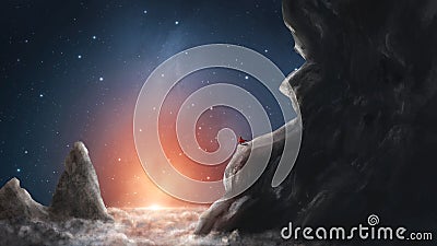 Magician in red coat standing in mountain canyon landscape with clouds and colorful sunset nebula sky. Fantasy background, 3D Cartoon Illustration