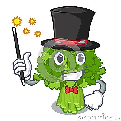 Magician saute broccoli rabe above cartoon plate Vector Illustration