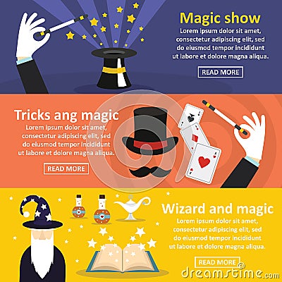 Magician show banner horizontal set, flat style Vector Illustration