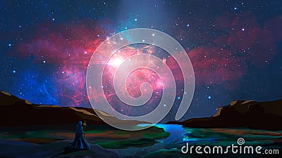 Magician stand in cci-fi landscape with river, rock and colorful nebula, digital painting. Elements furnished by NASA Stock Photo