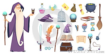 Magician tools. Wizard magic mystery broom potion witch hat and spell book vector cartoon pictures Vector Illustration