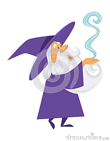 Magician or wizard and magic smoke or spell, old witch man Vector Illustration