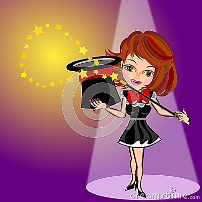 Magician woman and magic hat show Cartoon Illustration