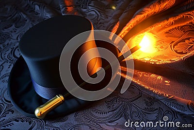 magicians hat lying on its side, wand with a glowing tip nearby Stock Photo