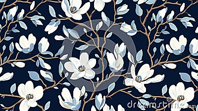 magine block print style rendering half-drop repeat pattern with leaves and flowers of magnolia campaca.ai generative Stock Photo