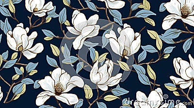 magine block print style rendering half-drop repeat pattern with leaves and flowers of magnolia campaca.ai generative Stock Photo