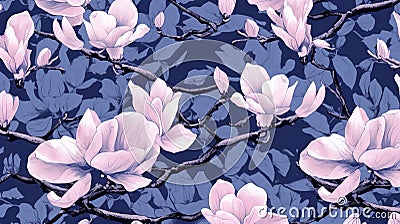 magine block print style rendering half-drop repeat pattern with leaves and flowers of magnolia campaca.ai generative Stock Photo