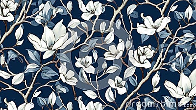 magine block print style rendering half-drop repeat pattern with leaves and flowers of magnolia campaca.ai generative Stock Photo