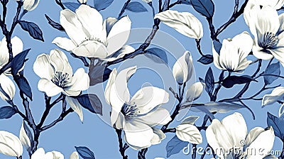 magine block print style rendering half-drop repeat pattern with leaves and flowers of magnolia campaca.ai generative Stock Photo