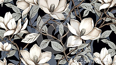 magine block print style rendering half-drop repeat pattern with leaves and flowers of magnolia campaca.ai generative Stock Photo