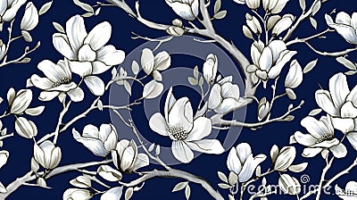 magine block print style rendering half-drop repeat pattern with leaves and flowers of magnolia campaca.ai generative Stock Photo