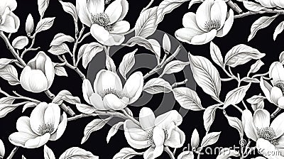 magine block print style rendering half-drop repeat pattern with leaves and flowers of magnolia campaca.ai generative Stock Photo