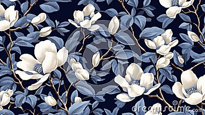 magine block print style rendering half-drop repeat pattern with leaves and flowers of magnolia campaca.ai generative Stock Photo