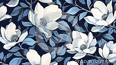 magine block print style rendering half-drop repeat pattern with leaves and flowers of magnolia campaca.ai generative Stock Photo