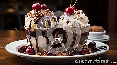 Magine an ice cream sundae, layers of vanilla, chocolate, and strawberry topped with a bright red cherry.Generative AI Stock Photo