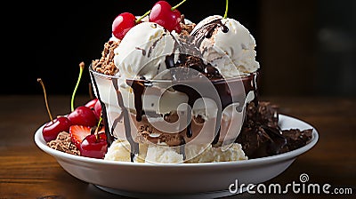 Magine an ice cream sundae, layers of vanilla, chocolate, and strawberry topped with a bright red cherry.Generative AI Stock Photo