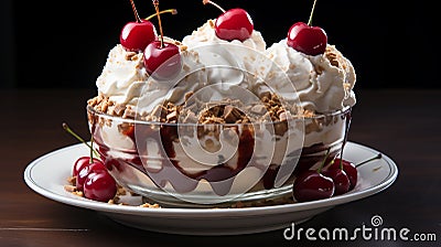 Magine an ice cream sundae, layers of vanilla, chocolate, and strawberry topped with a bright red cherry.Generative AI Stock Photo