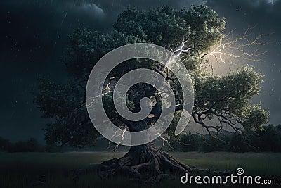 Maginficent Large Elm Tree Lightning Dark Clouds Sky by Generative AI Stock Photo