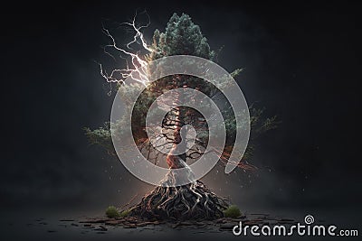 Maginficent Large Fir Tree Lightning Dark Clouds Sky by Generative AI Stock Photo