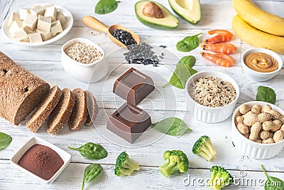 Magnesium-rich foods on the wooden table Stock Photo