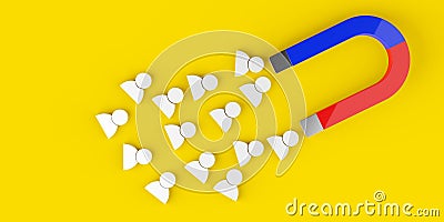 Magnet attracting white figures on yellow background, business marketing, client, customer or sales lead attraction concept Cartoon Illustration