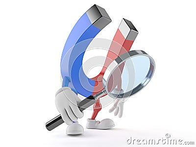 Magnet character looking through magnifying glass Stock Photo