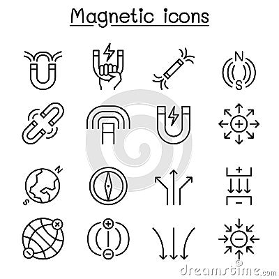 Magnet icon set in thin line style Vector Illustration