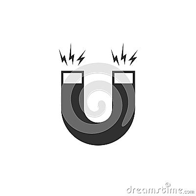 Magnet icon vector, flat cartoon black and white magnet with magnetic power isolated Vector Illustration