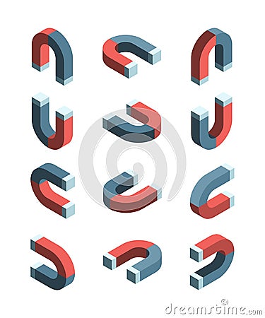 Magnet isometric. Iron items with magnetism connection symbols vector collection set Vector Illustration