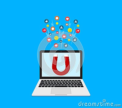 Magnet in laptop for retention or attract of customer. Marketing in social media. Attract of audience for web traffic. Vector Illustration