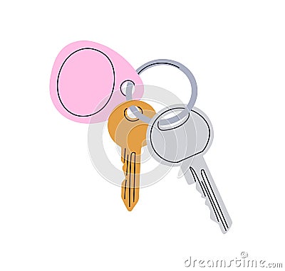 Magnet and metal door keys hanging on ring. Keyring, modern keyholder for locking, unlocking private house, accessing Vector Illustration
