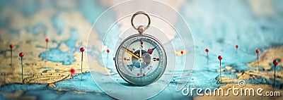 Magnetic compass and location marking with a pin on routes on world map. Adventure, discovery, navigation, communication, Stock Photo