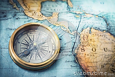 Magnetic compass on world map. Travel, geography, navigation, tou Stock Photo