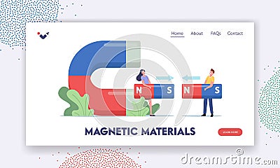 Magnetic Materials Landing Page Template. Tiny Characters Connecting Huge Parts of Magnet, Blue and Red Sides Attraction Vector Illustration