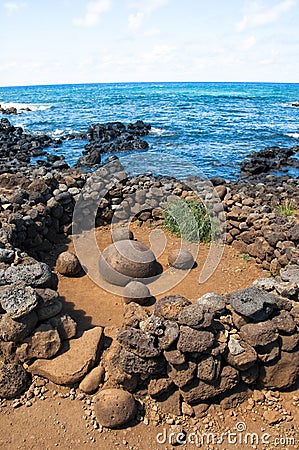 Magnetic round stone in Te Pito Kura, Easter island, Chile Stock Photo