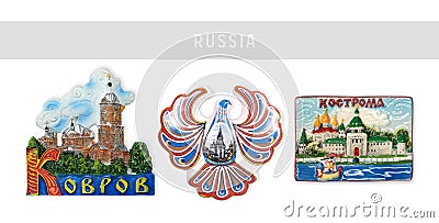 Magnetic souvenir from Russia. Translation city names: Kovrov; Alexandrov; Kostroma Stock Photo