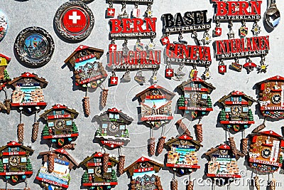 Magnets on a souvenir shop at Bern on Switzerland Editorial Stock Photo