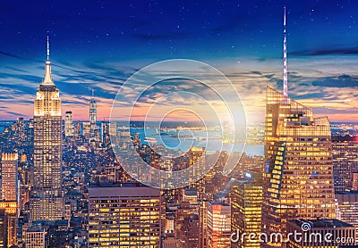 A magnificent aerial panoramic view of Manhattan with sunset Stock Photo