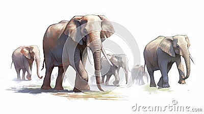 A Magnificent African Elephants Group in on White Background Stock Photo