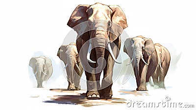 A Magnificent African Elephants Group in on White Background Stock Photo