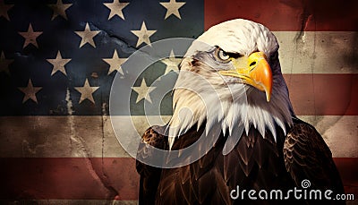 Magnificent american bald eagle spreading its wings on a vintage and worn out american flag Stock Photo