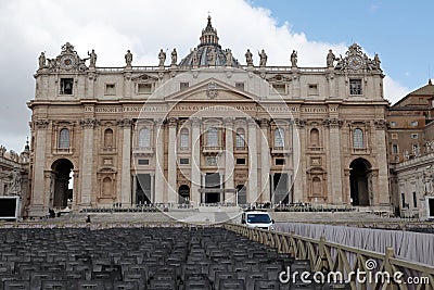 The magnificent facade of St. Peter`s Basilica in Rome. Stock Photo