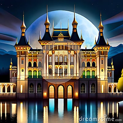 Magnificent fairytale royal palace shining in the night Cartoon Illustration