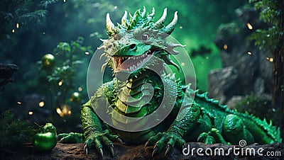 Ancient fire dragon with glowing eyes thick scales fantastic creature close up Stock Photo