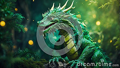 Ancient fire dragon with glowing eyes thick scales fantastic creature close up Stock Photo