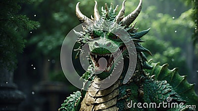 Ancient fire dragon with glowing eyes thick scales fantastic creature close up Stock Photo