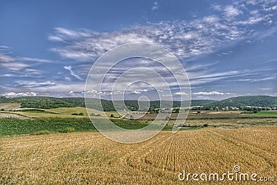 Magnificent green trees on small hill and huge clouds top of it. Stock Photo