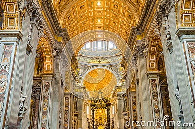 Magnificent interior view of Saint Peter`s Basilica in Vatican City Italy Editorial Stock Photo